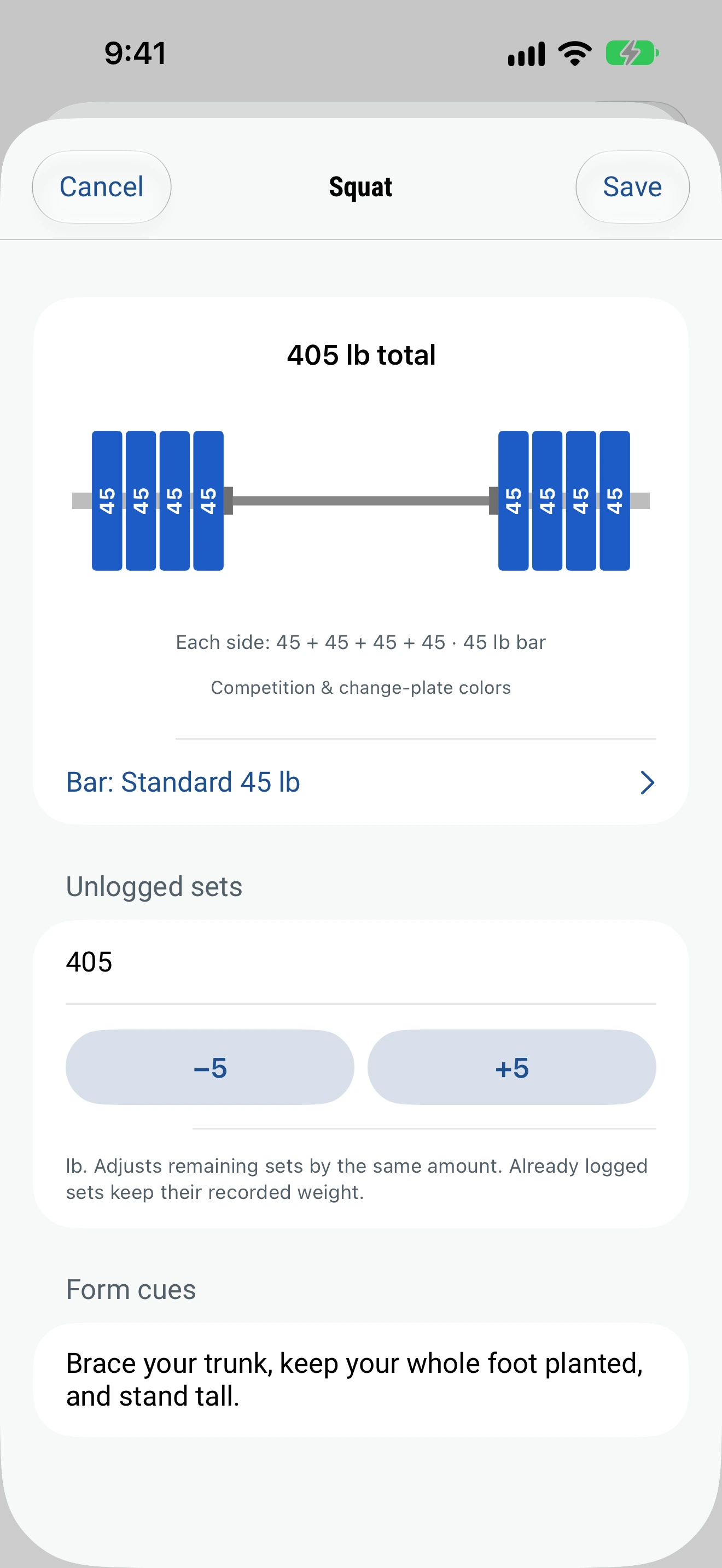 Exercise editor: a drawing of the plates on each side of the bar, the bar choice, and −5 and +5 buttons.